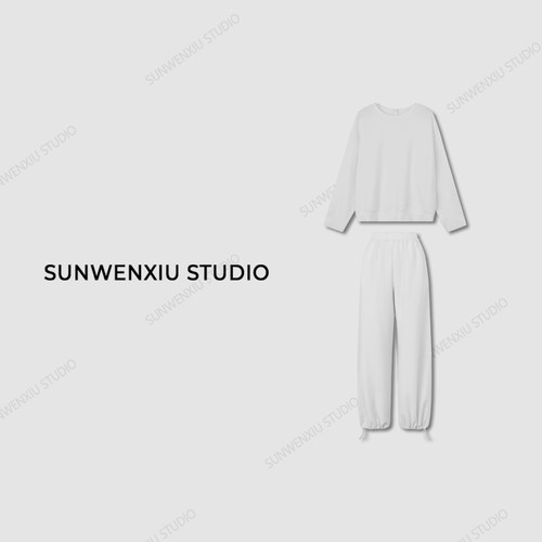 孙文秀studio “红毯套装”松弛老钱圆领白色卫衣可收脚时尚套装
