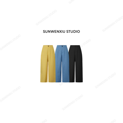swx studio 透气裤 夏日b备亚麻天丝后松紧腰休闲九分收胯裤379A