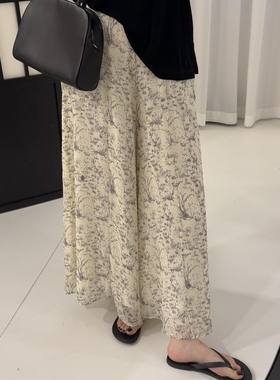 swx studio国画裙裤 韩系碎花松紧高腰显瘦大摆裙裤