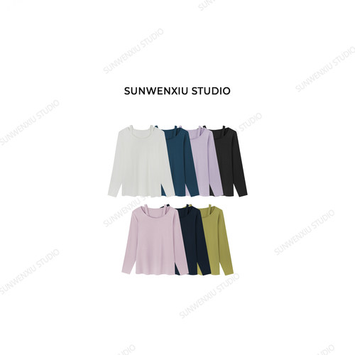 swx studio 小露香肩 气质显瘦软糯糯假两件长袖T恤7147A