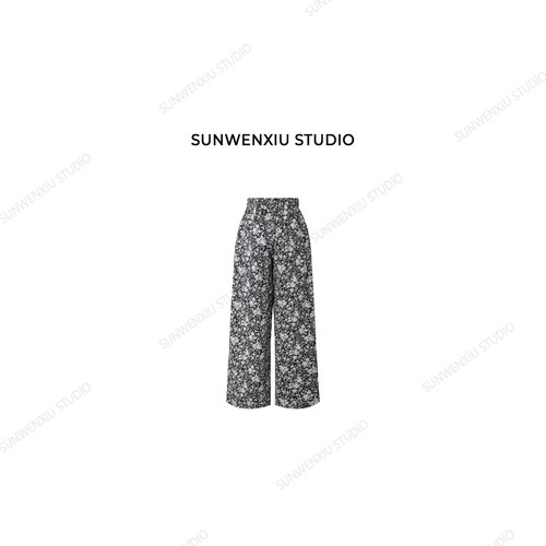 swx studio 大花裤 100%棉复古黑白碎花高腰松紧腰休闲裤248B