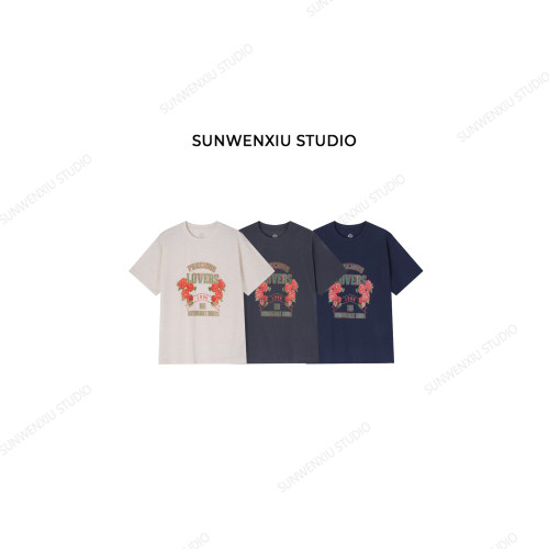 swx studio 复古玫瑰 天丝+棉夏季轻薄美式复古印花宽松T恤 349A
