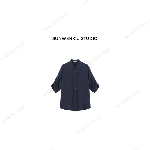swx studio 铜氨丝衬衣 26早春精致小领藏蓝色翻边袖衬衣1158