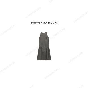 swx 素净 清冷感极简棉麻黑白格无袖 鱼尾连衣裙3138B studio