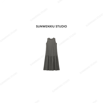 swx studio 素净 清冷感极简棉麻黑白格无袖鱼尾连衣裙3138B