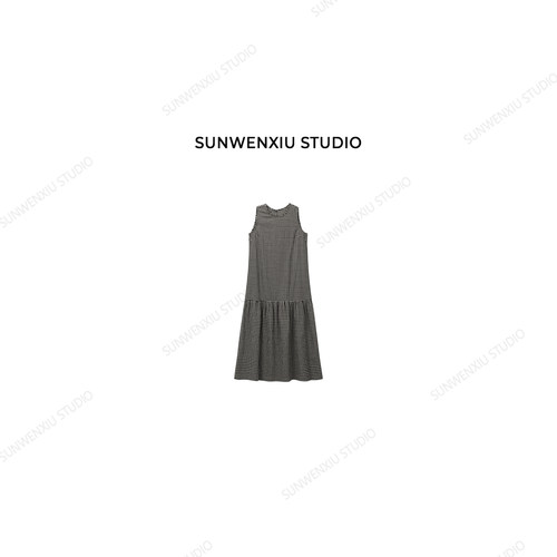 swx studio 素净 清冷感极简棉麻黑白格无袖鱼尾连衣裙3138B