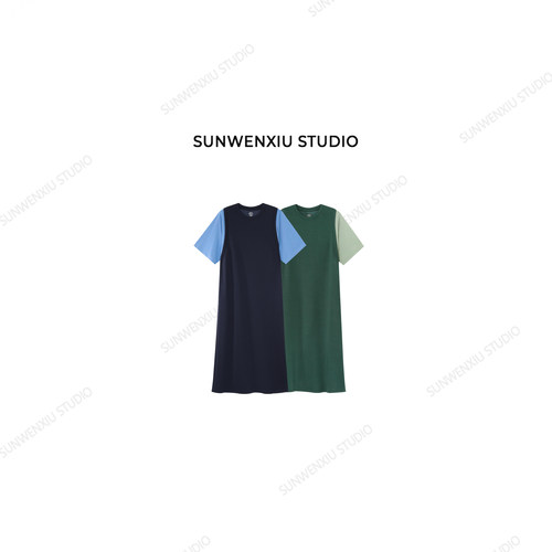 swx studio 懒懒t裙 亲肤凉感软糯莱赛尔夏季撞色拼接T恤裙288C