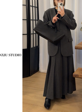 swx studio c位套装 秋冬学院复古羊毛毛呢西服百褶裙套装女装