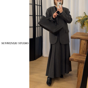 swx studio c位套装 秋冬学院复古羊毛毛呢西服百褶裙套装女装
