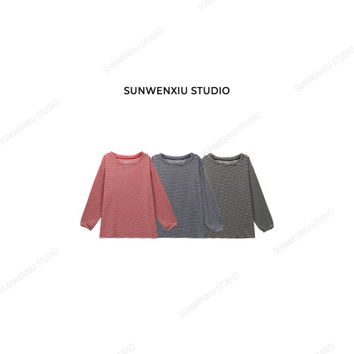 swx studio  沙滩T 超舒棉可斜肩条纹长袖防晒空调房T恤05229B