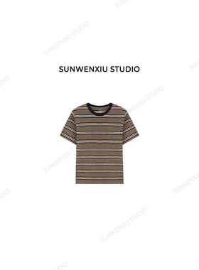swx studio 条纹控 手工对条复古棕撞色条纹圆领T恤350A