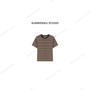 手工对条复古棕撞色条纹圆领T恤350A 条纹控 swx studio