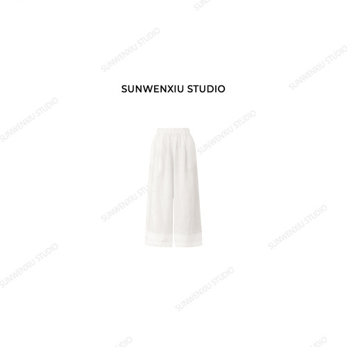 swx studio 倪妮同款100%亚麻蕾丝拼接直筒松紧腰九分垂垂裤375B
