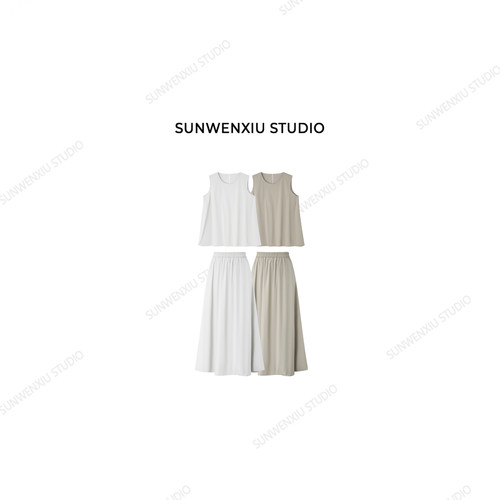swx studio 慢度假日 高品质极简松紧腰花苞裙背心半裙套装566A