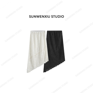 蕾丝屁帘 不规则斜裁蕾丝松紧腰打底半身裙3218B studio swx