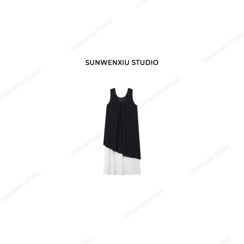 swx studio 黑白配 简约高级感前后两穿拼接设计感无袖连衣裙306A