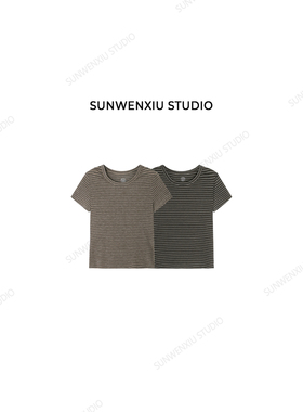 swx studio 小蛮腰条纹 巨显瘦修身款复古撞色夏季条纹T恤428B