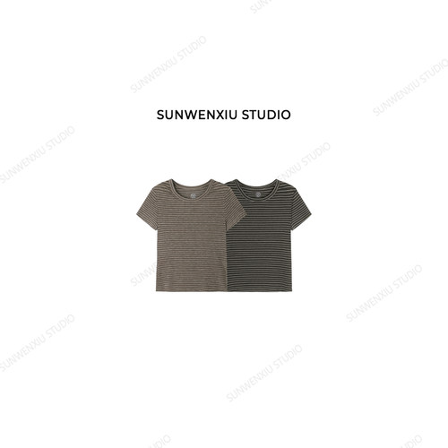 swx studio 小蛮腰条纹 巨显瘦修身款复古撞色夏季条纹T恤428B