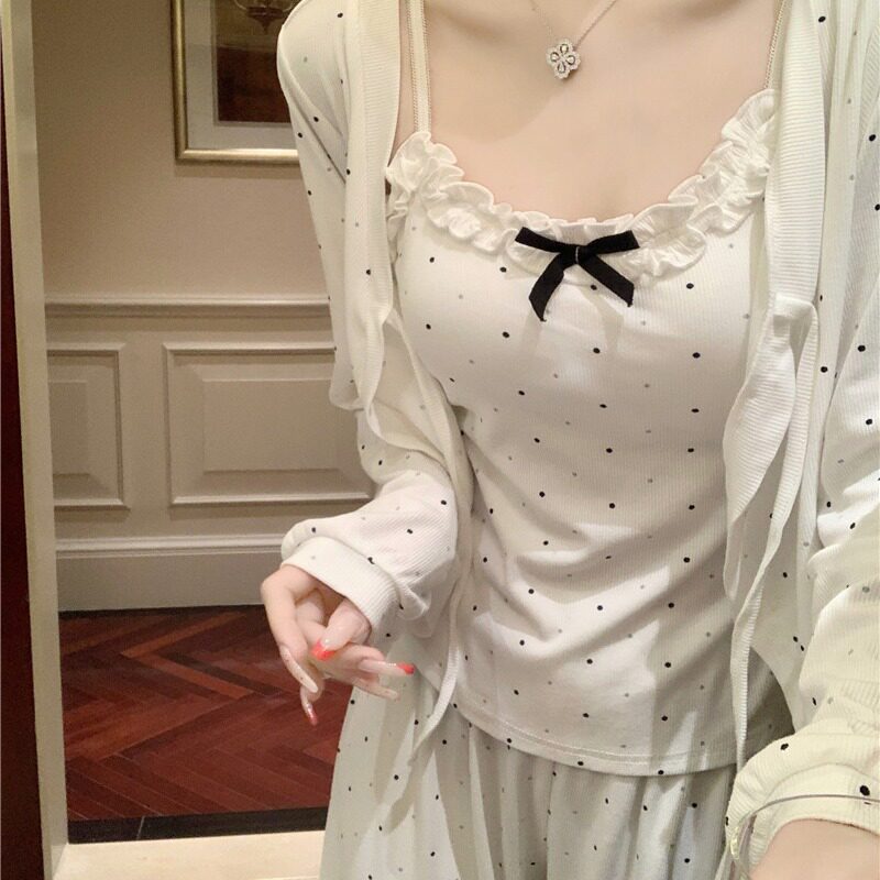纯欲风睡衣女春秋吊带长裤外套白色波点ins风可外出带胸垫家居服