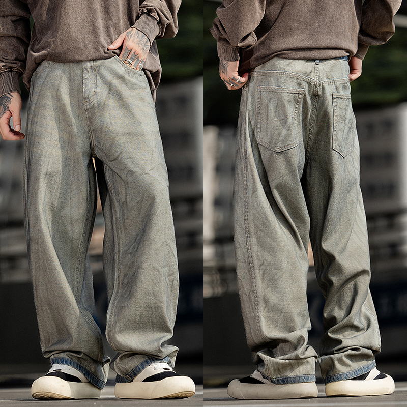 潮牌复古百搭直筒裤宽松休闲裤怀旧反面脏脏裤小众设计感牛仔裤男