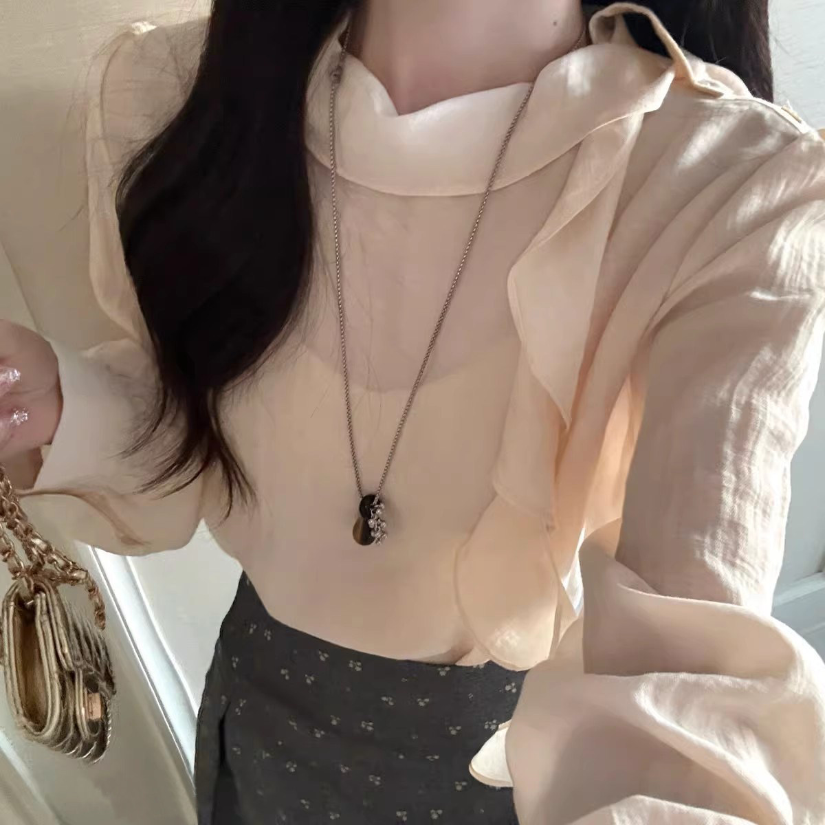 韩版2026新设计师高级感复古木耳边飘带宽松显瘦衬衫不规则衬衣