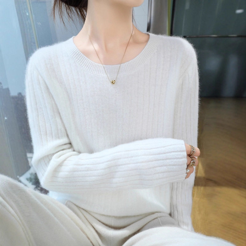 女装2025秋季时尚舒适坑条安迪绒打底针织衫毛衣上衣玫红色白色款