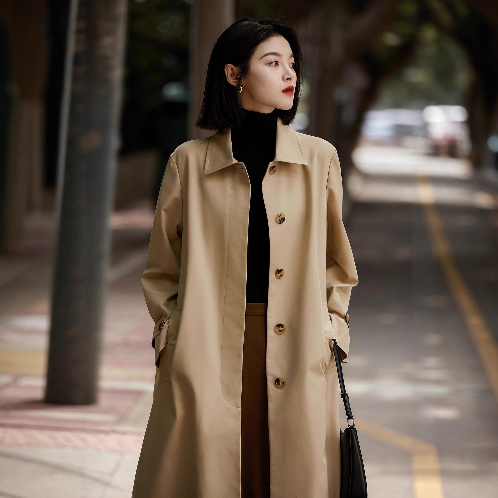 哥家商场同款女装2025秋季英伦风休闲百搭单排扣褶皱风衣外套女