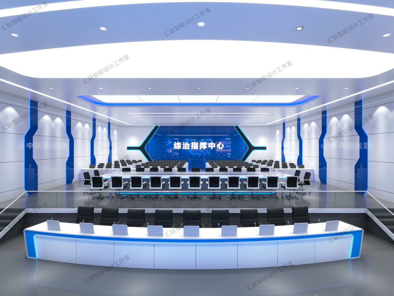 监控网络机房指挥调度中心拼接大屏操作台3d效果图弱电机房设计
