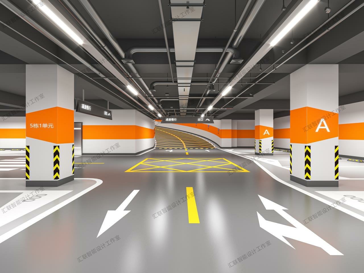 地下车库设计3d效果图停车场设计环氧地坪道路交通划线cad代做