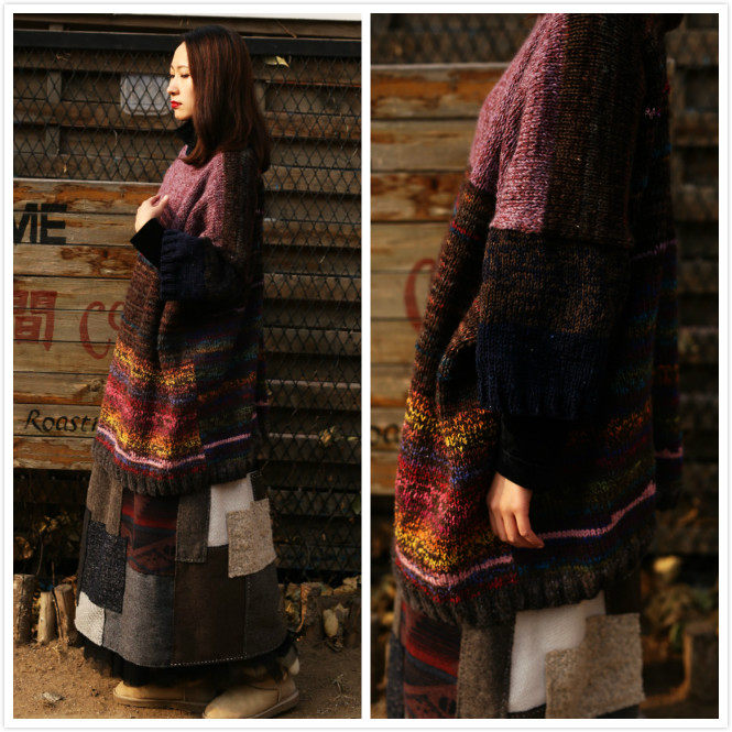 纪念品~文艺范复古纯手工针织宽松双面羊毛线连衣裙子oversize