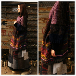 纪念品~文艺范复古纯手工针织宽松双面羊毛线连衣裙子oversize