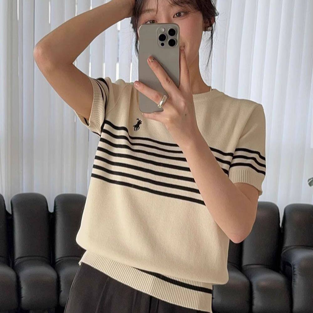 夏季薄款条纹修身短款t恤女短袖毛针织衫