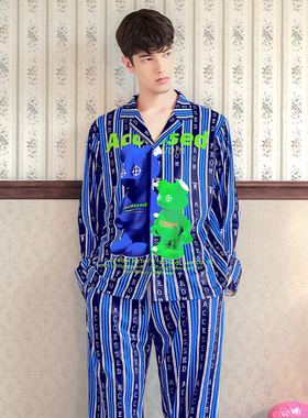 埃森费姆×暴力熊联名款男睡衣卡通条纹印花情侣款女士家居服套装