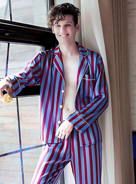 埃森费姆男睡衣简约撞色条纹宽松休闲翻领长袖长裤高级家居服套装