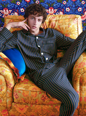 埃森费姆睡衣男秋冬针织棉条纹高级休闲条纹时尚小翻领家居服套装