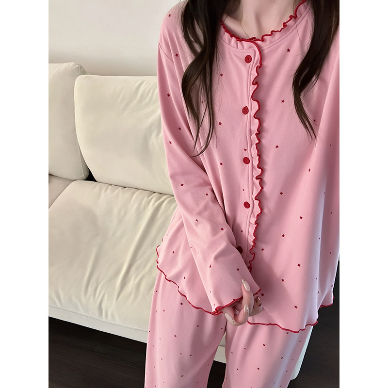 秋冬宽松甜妹风粉色小红星木耳边德绒睡衣套装软萌少女休闲家居服