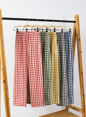 2023新款格子日系纯棉睡裤女春秋季可外穿简约宽松加大码直筒长裤