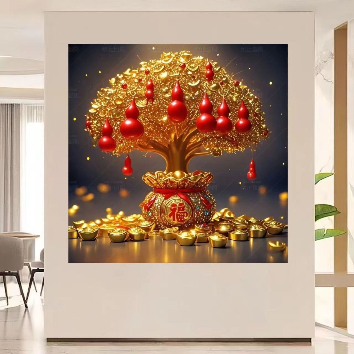 聚宝盆摇钱树自粘装饰画恭喜发财贴纸招财旺宅背景墙新款装饰壁画
