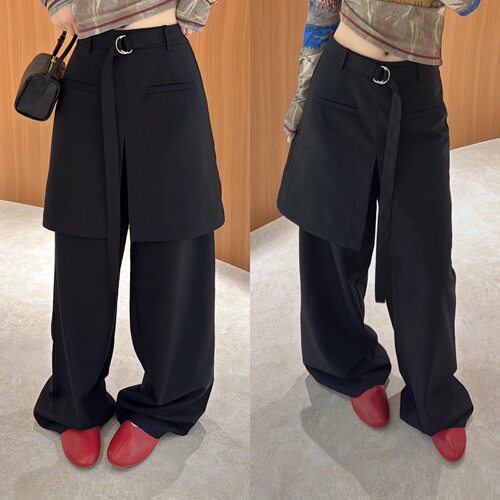 欧洲站2026春季时尚半裙屁帘拼接假两件直筒拖地西装裤长裤女潮