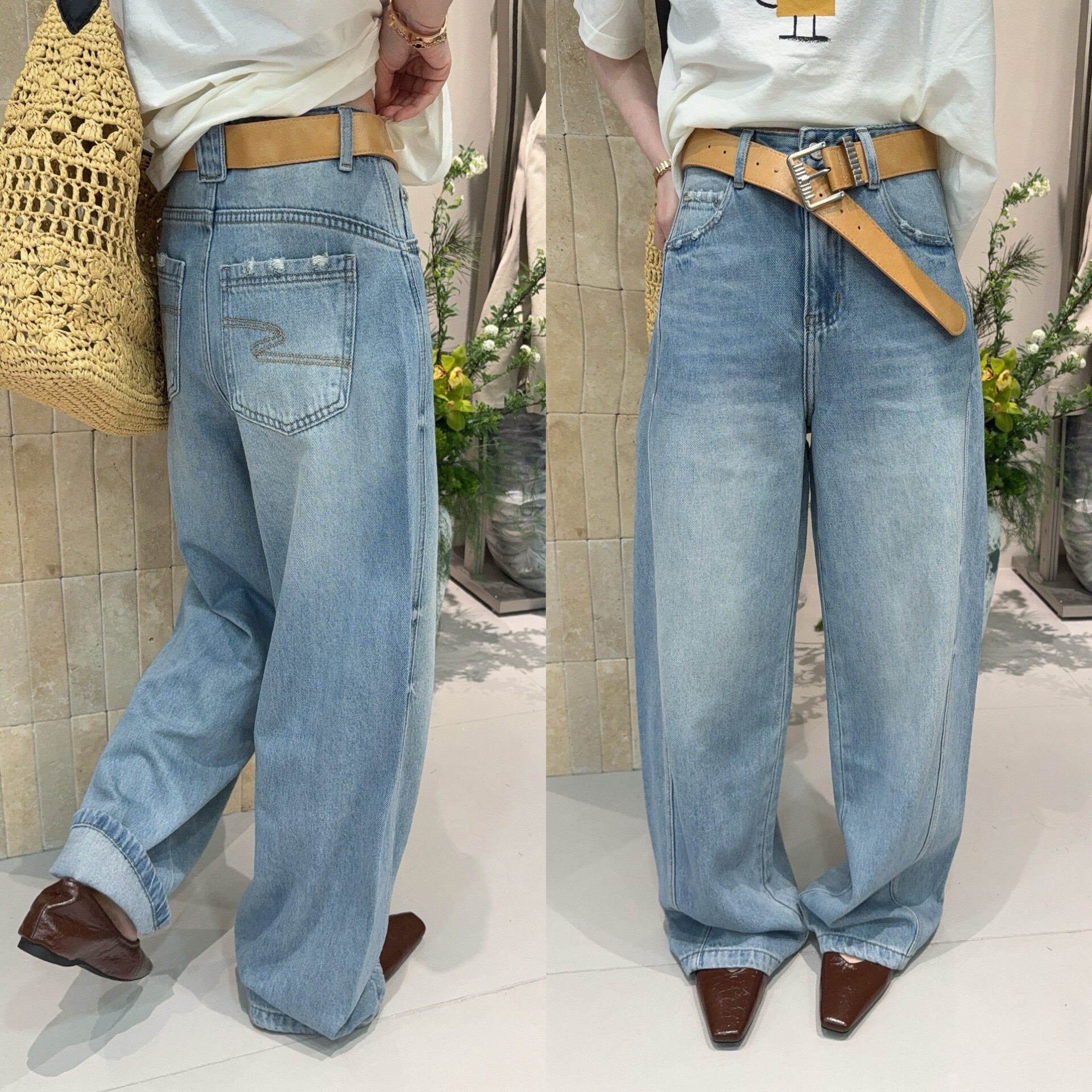 欧洲站2026春季简约高腰口袋明线刺绣水洗磨破直筒牛仔裤百搭长裤