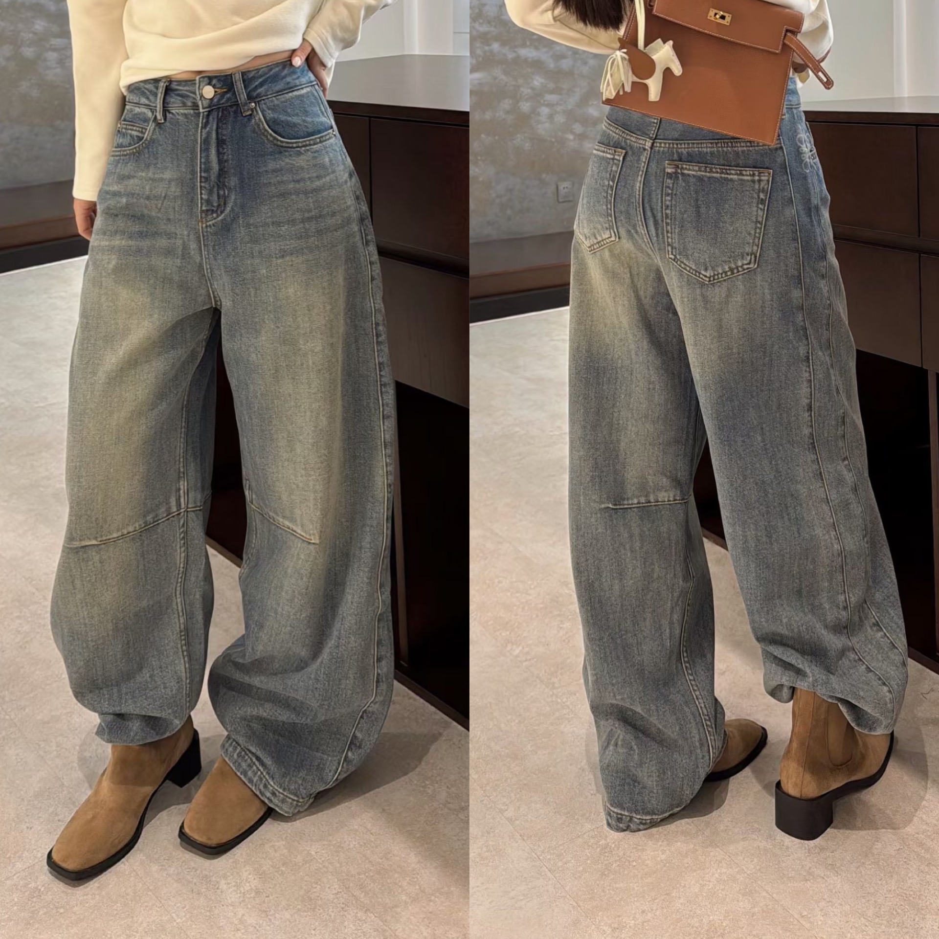 欧洲站2025冬季欧货高腰直筒膝盖内压线美式复古水洗加绒牛仔长裤