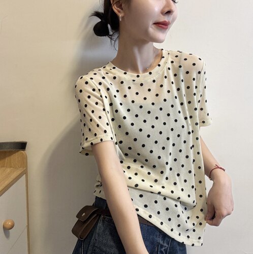 欧洲站2026夏季新款圆领甜美风波点印薄款短袖网纱打底衫T恤上衣