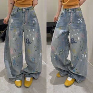 长裤 慵懒阔腿裤 欧货街头风压线显瘦涂鸦印花牛仔裤 欧洲站2026春季