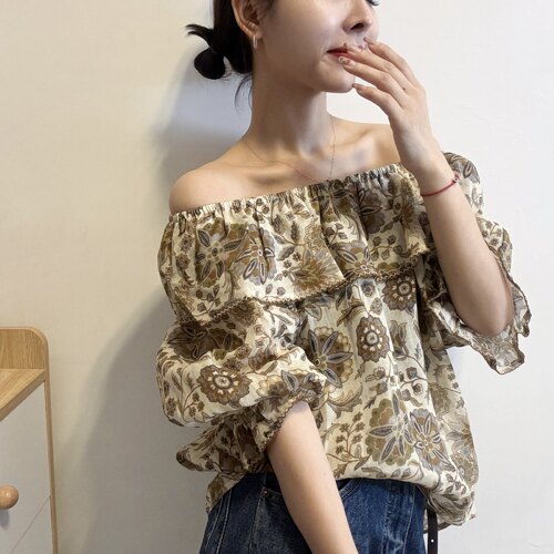 欧洲站2026夏季韩系甜美风一字荷叶边套头七分袖碎花麻料衬衫女潮