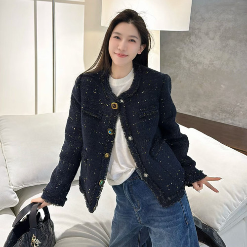 欧洲站2025秋冬名媛风圆领精致排扣毛须边小亮丝小香羽绒服外套潮