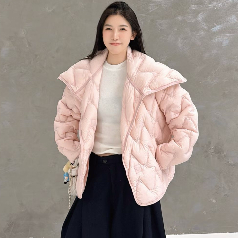 欧洲站2025冬季欧货时髦大翻领波浪纹压线大版糖果色羽绒服外套潮