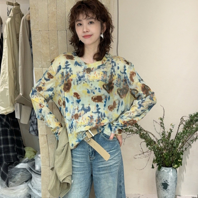 欧洲站2026春季新款韩味圆领撞色晕染印花薄款长袖打底衫T恤上衣