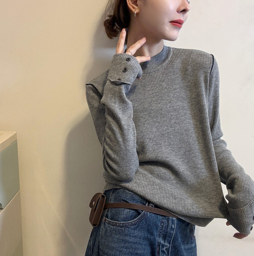 欧洲站2025秋冬气质立领肩部明线百搭打底袖口翻边纽扣羊毛针织衫