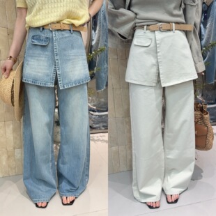 百搭长裤 高腰开叉短裙拼接假两件直筒牛仔裤 女 韩版 欧洲站2026春季