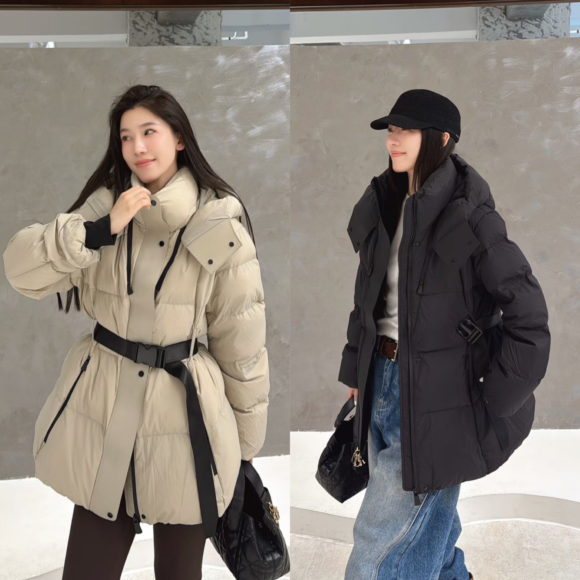 欧洲站2025冬季欧货立领连帽拉链系带收腰时尚保暖鹅绒羽绒服外套